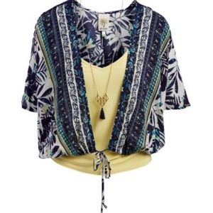 Self Esteem Layered Tie-Front Floral Print Top in Navy, Teal & Yellow